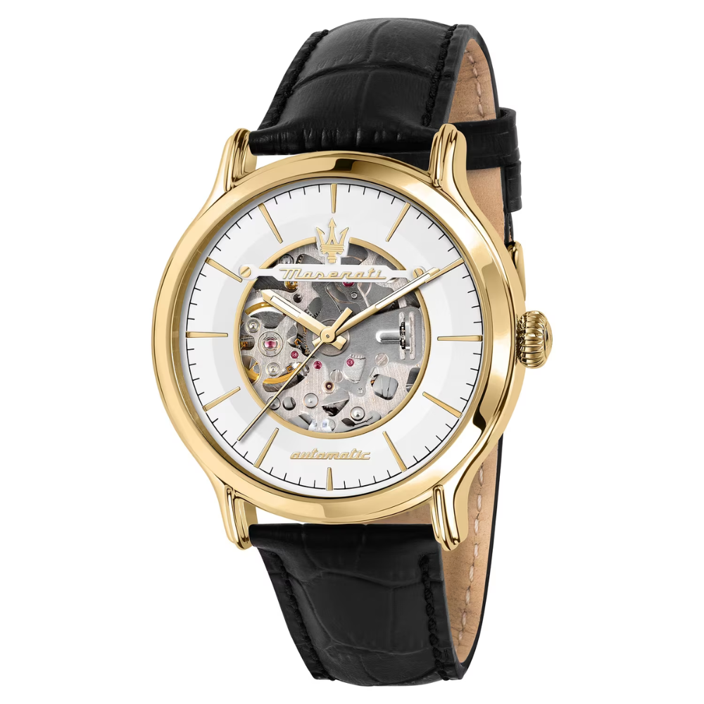 Orologio Uomo Automatico Epoca Maserati In Acciaio Dorato E Pelle Nera